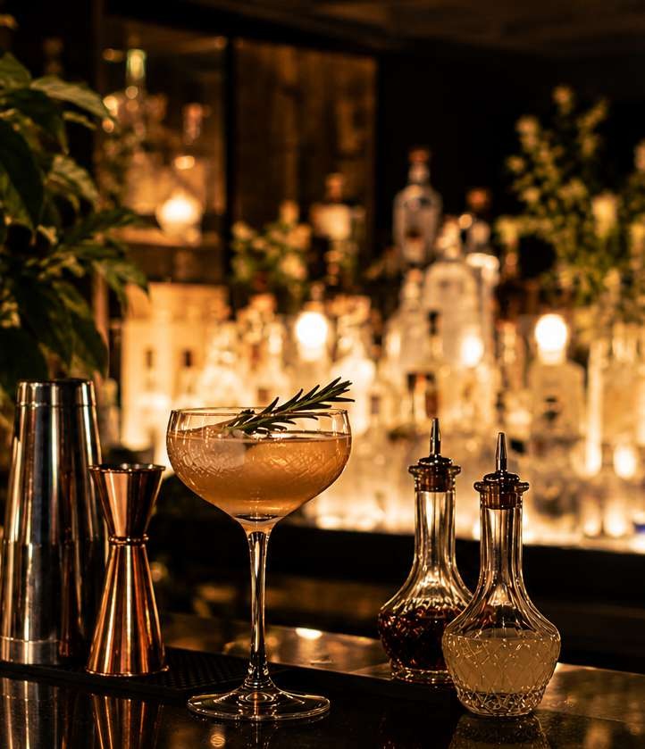 A garnished cocktail and polished bar tools in warm light